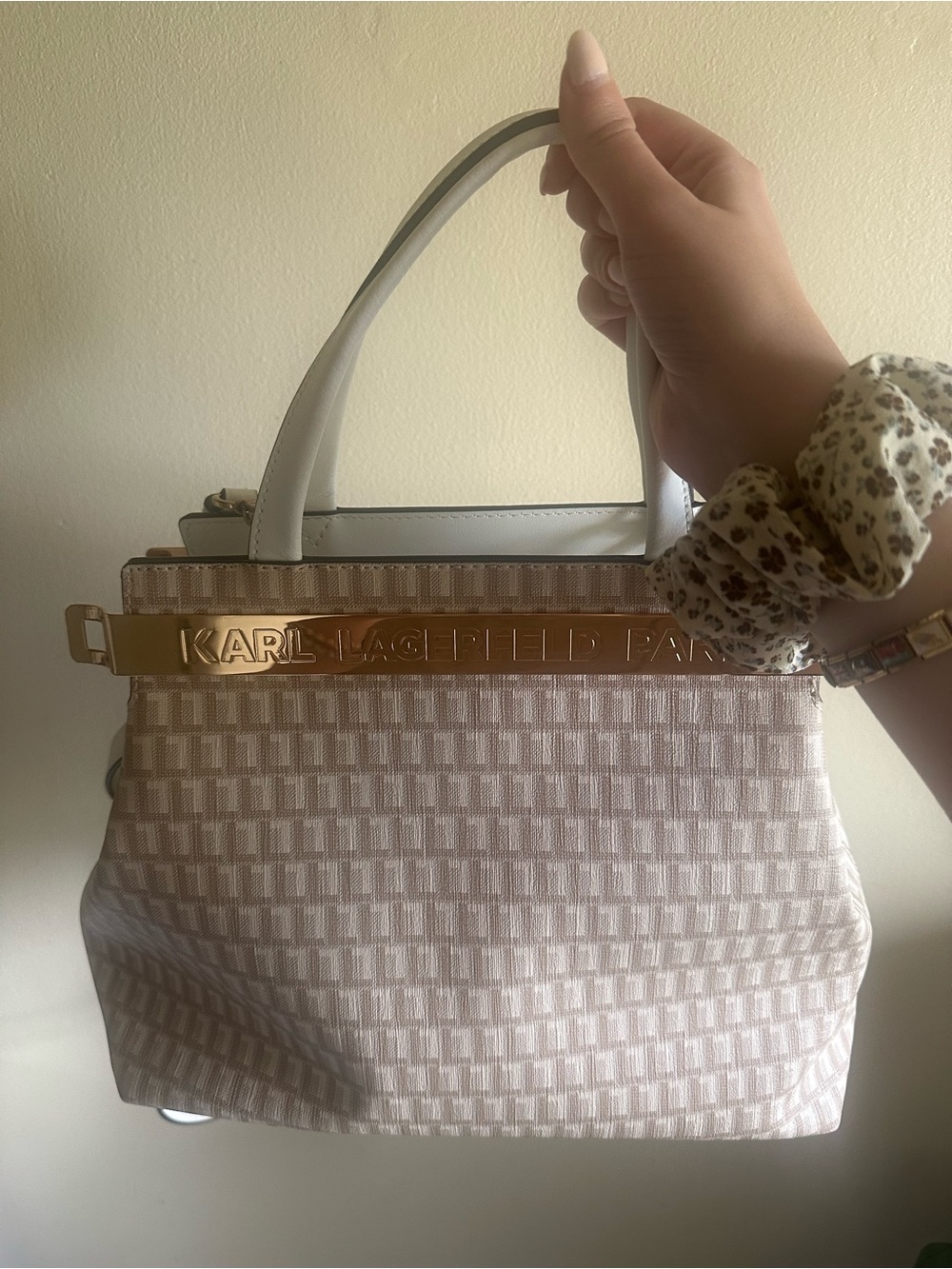 Karl Lagerfeld Beige & White Logo-Trim Top Handle Bag